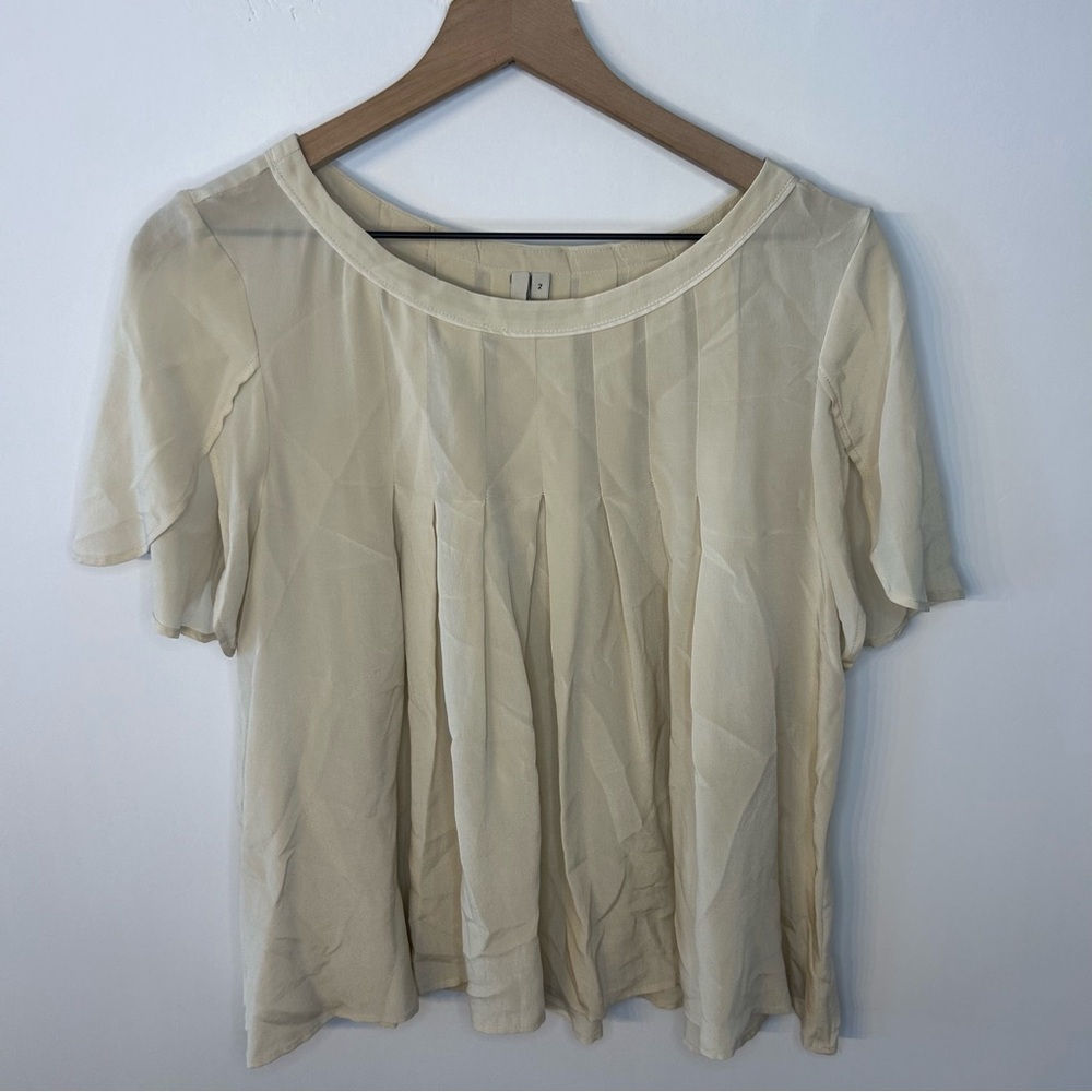 IRO Women’s Cream 100% Silk Pleated Short Sleeve Blouse, Size 2